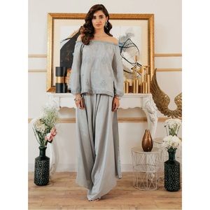 Ethnic PK Gray Embroidered Off The Shoulder Suit, Size S, NWT